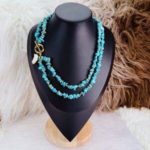 Vintage faux Turquoise Blue Beaded convertible Necklace Gold Accents Faux Pearl